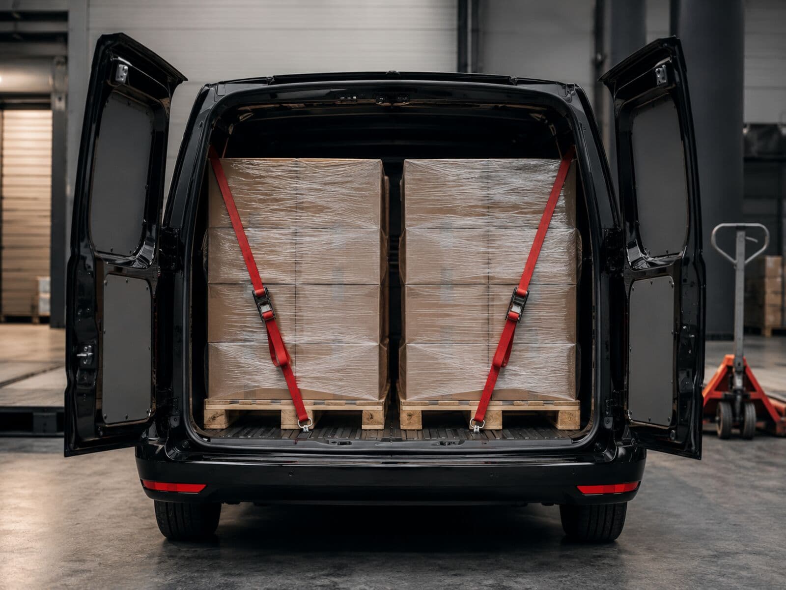 Laadruimte van de zwarte VW Caddy met twee vastgezette europallets